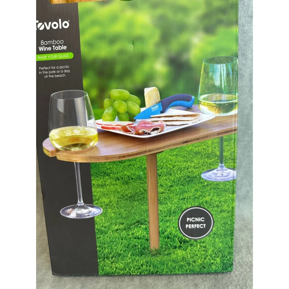 Tovolo Bamboo Wine Table Picnic Outdoor Foldable Wine Glass Holder Cutting Board